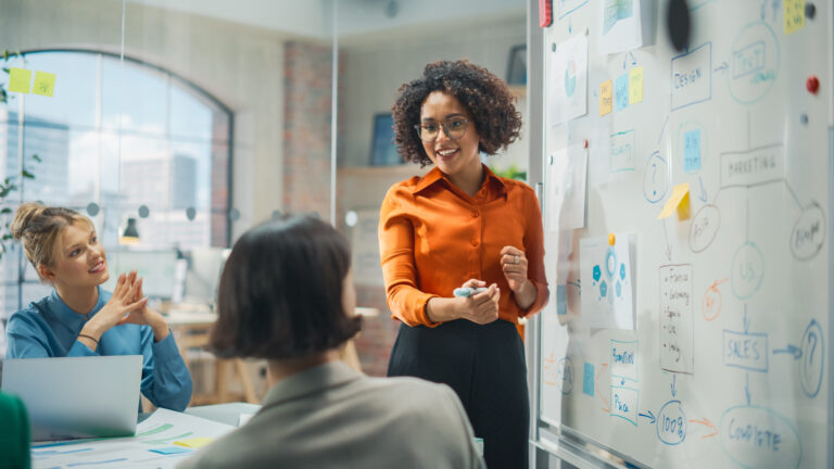 woman employee presenting to 2 other employees charts on a whiteboard