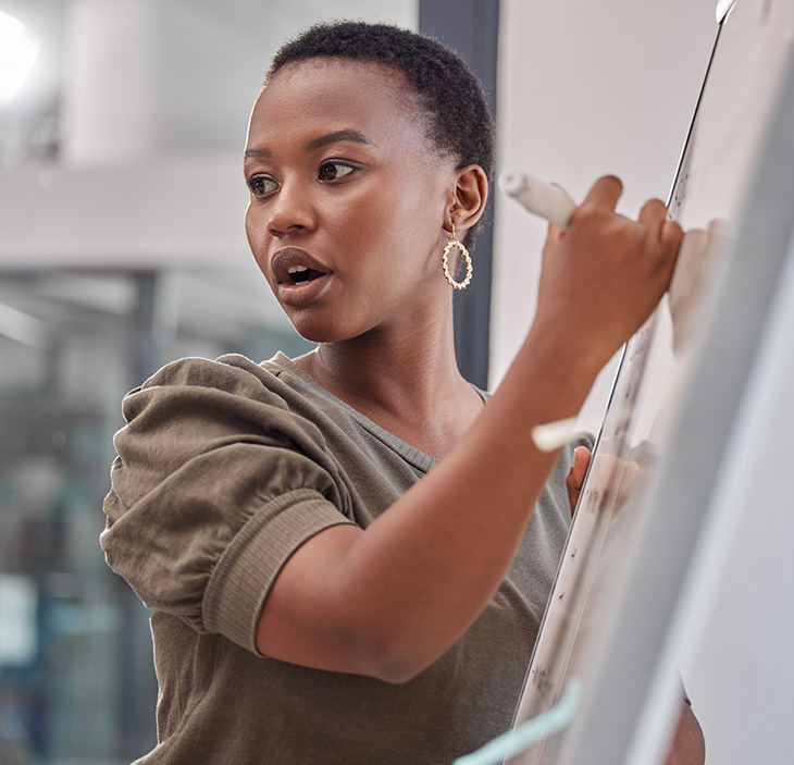 woman writing on whiteboard