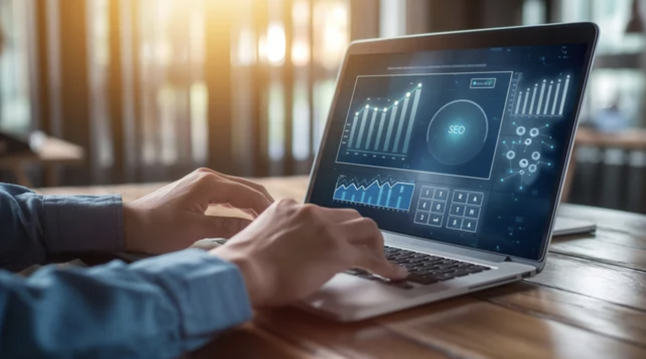 businessman using a laptop to analyze SEO metrics, focusing on promoting website ranking and optimizing traffic, with the inscription "SEO" displayed