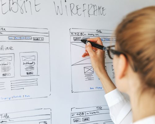 person writing on whiteboard