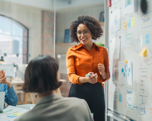 woman employee presenting to 2 other employees charts on a whiteboard